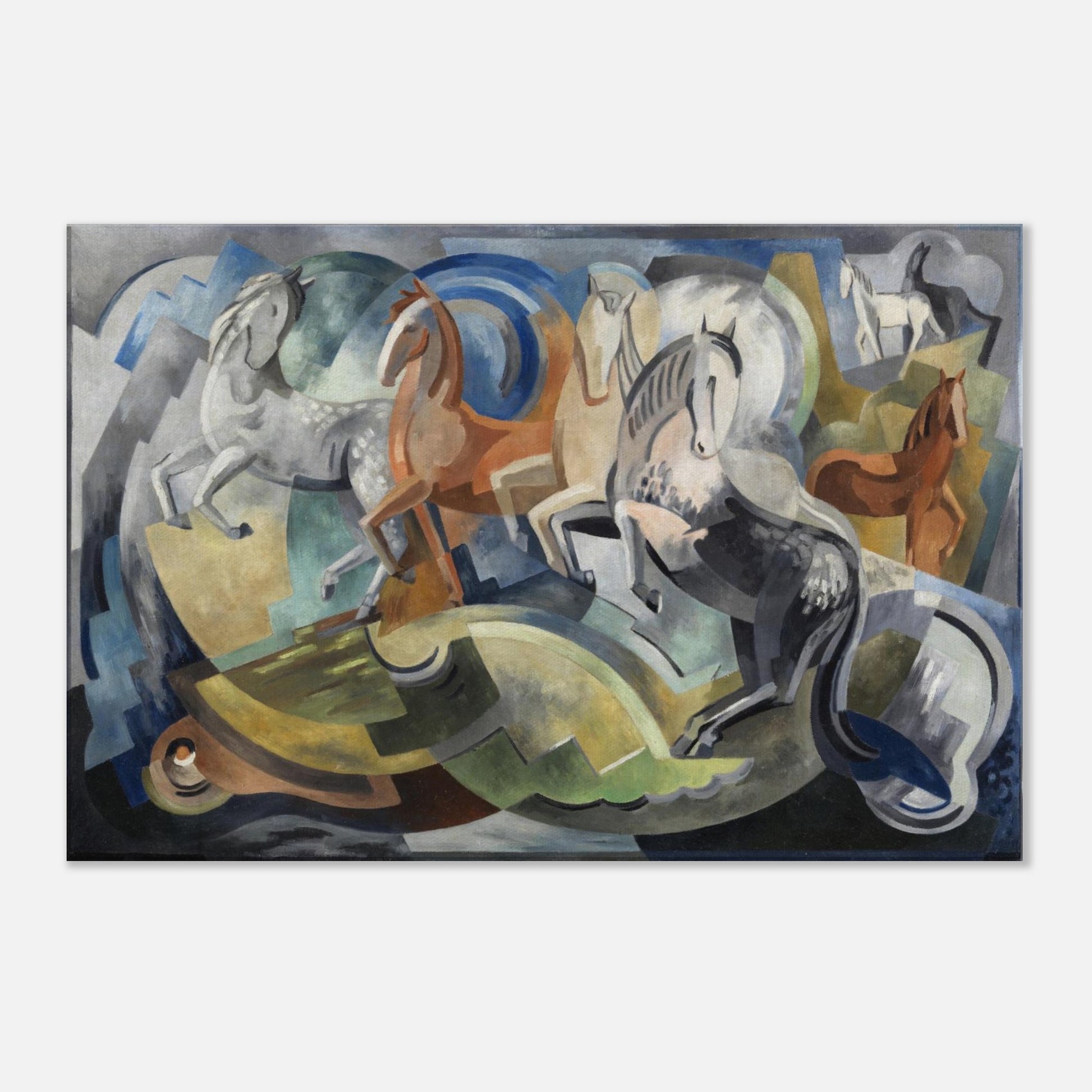 Close-up of Achill Horses canvas print by Mainie Jellett showing painted surface texture and warm side lighting
