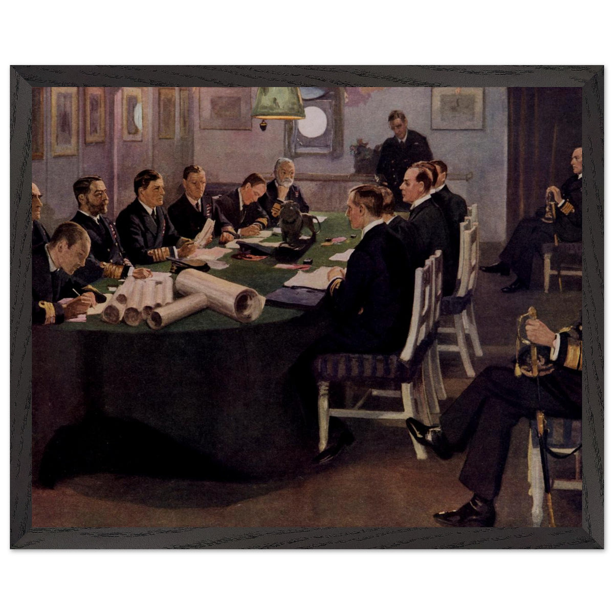 Admiral Beatty Reading the Armistice Terms by Sir John Lavery framed in black, straight-on view
