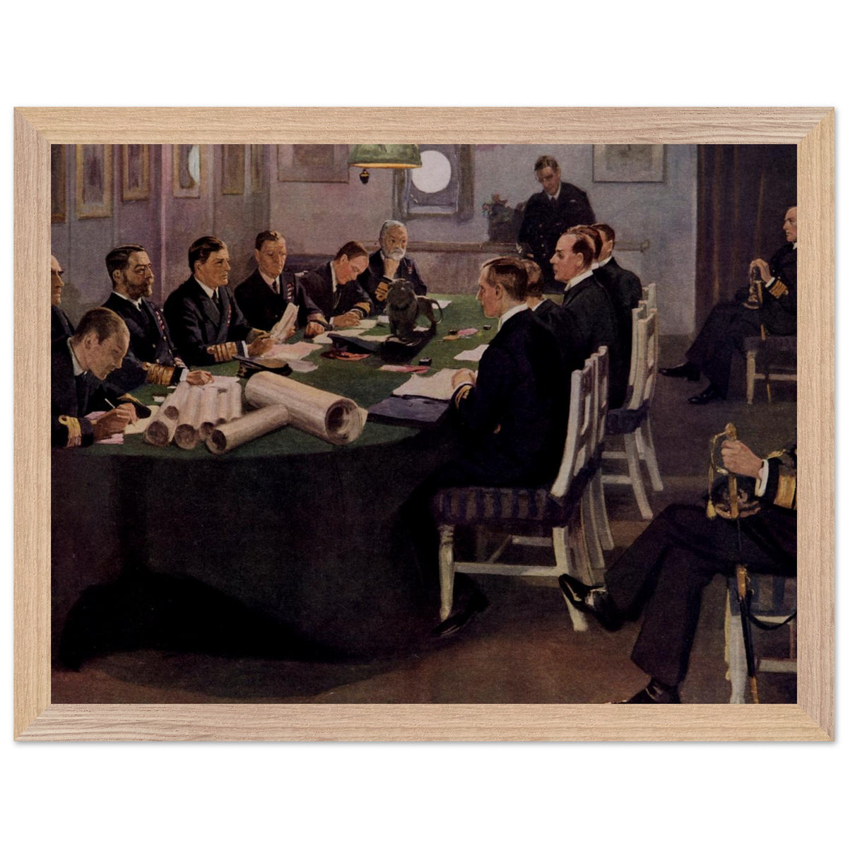 Admiral Beatty Reading the Armistice Terms by Sir John Lavery framed in natural oak, straight-on view