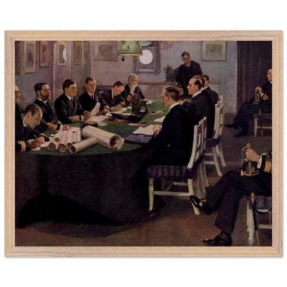 Admiral Beatty Reading the Armistice Terms by Sir John Lavery, framed print in a natural oak frame