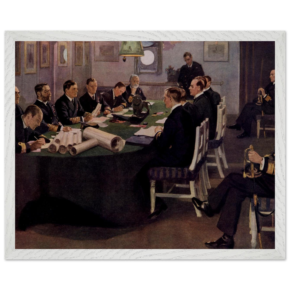 Admiral Beatty Reading the Armistice Terms by Sir John Lavery, framed print in a white frame