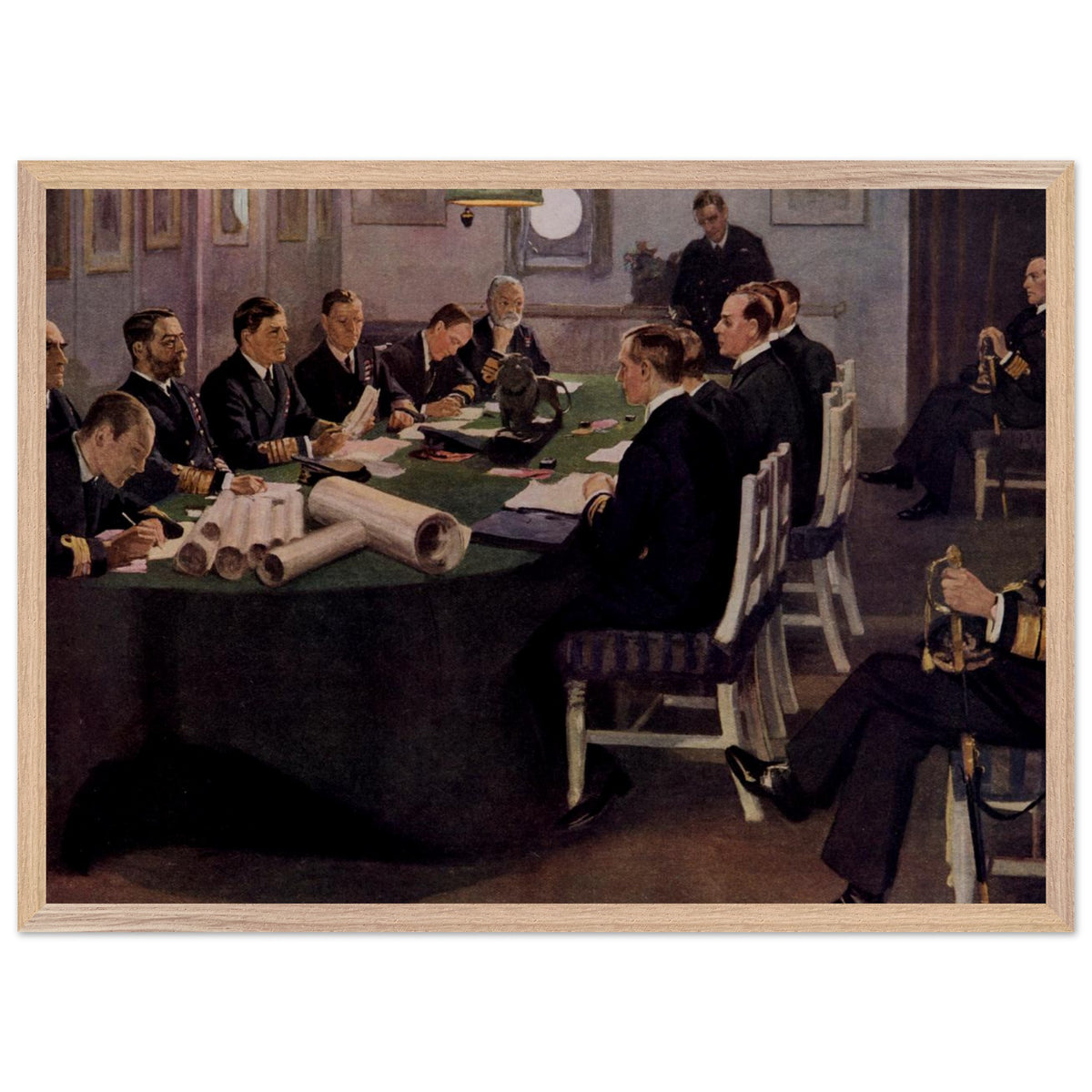 Admiral Beatty Reading the Armistice Terms by Sir John Lavery print with a natural oak frame on a plain white background