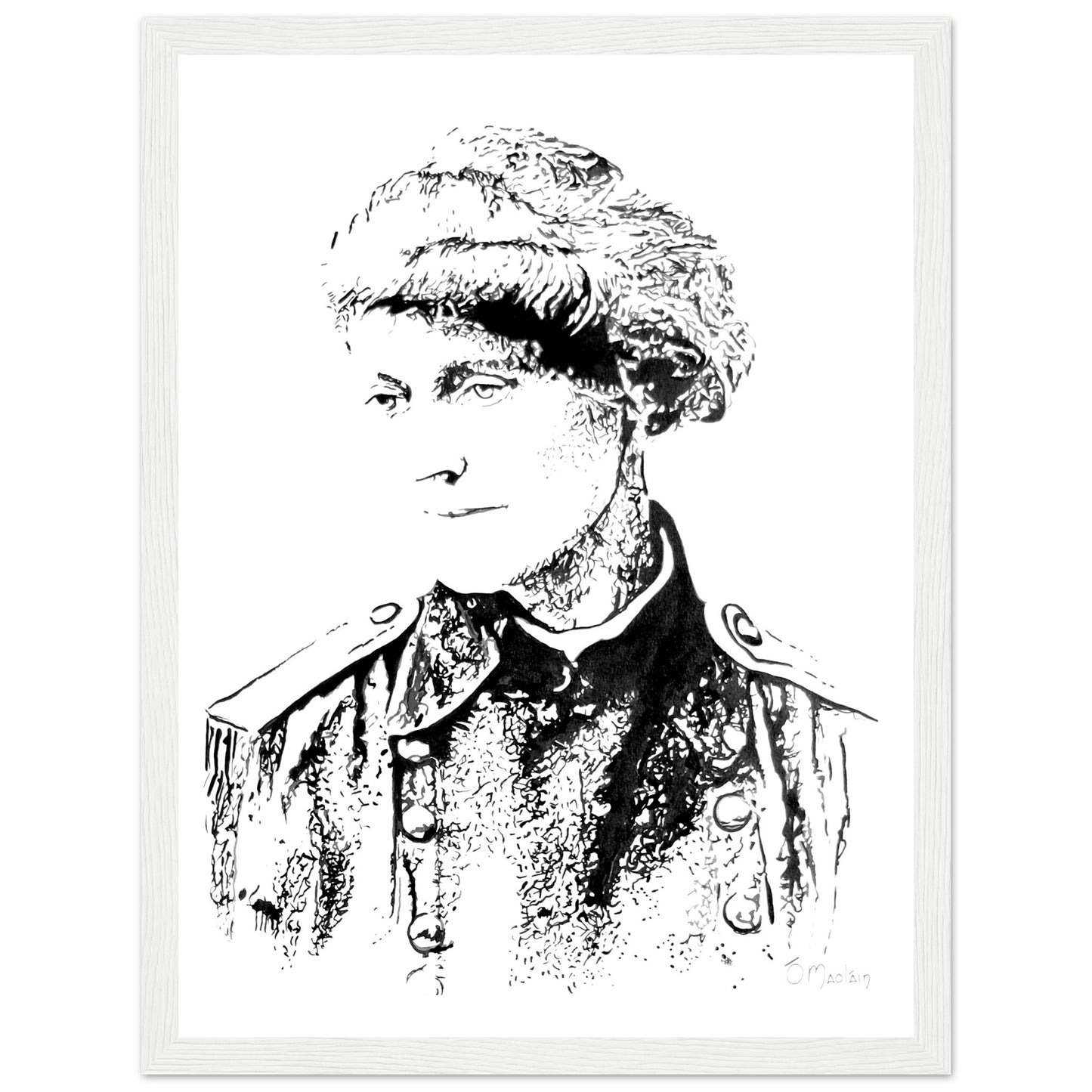 Framed art print by Ó Maoláin depicting Countess Markievicz, celebrating her courage and activism. This timeless piece blends art and history, capturing Ireland's heritage. Perfect for adding a meaningful touch to any space, honoring a trailblazing figure.