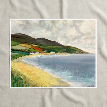 Cushendun Beach, County Antrim unframed print lying on a linen cloth, beach and green hills