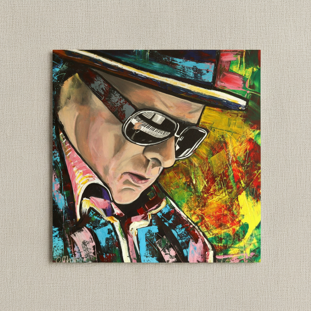 Van Morrison portrait unframed print on textured paper against a linen background
