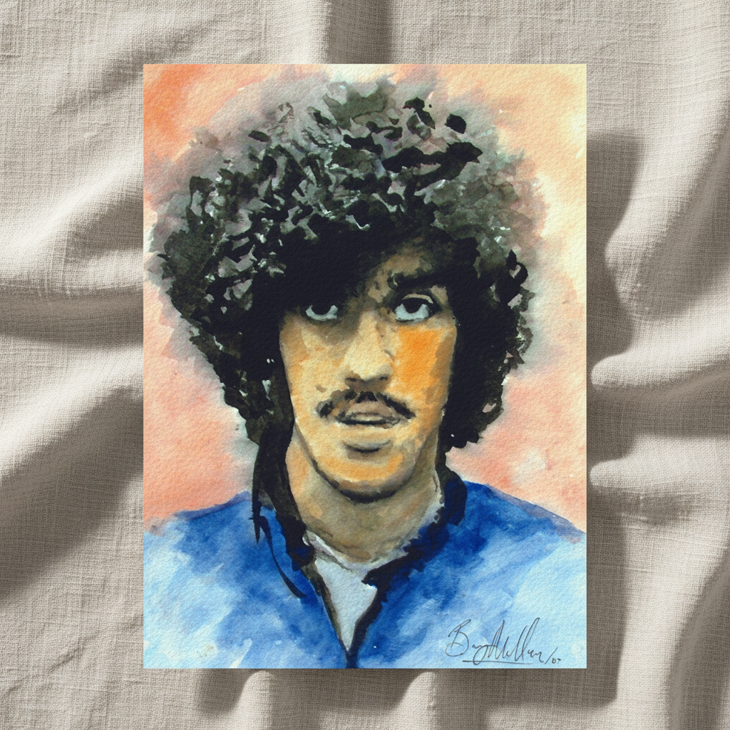 Phil Lynott portrait unframed print resting on crumpled linen