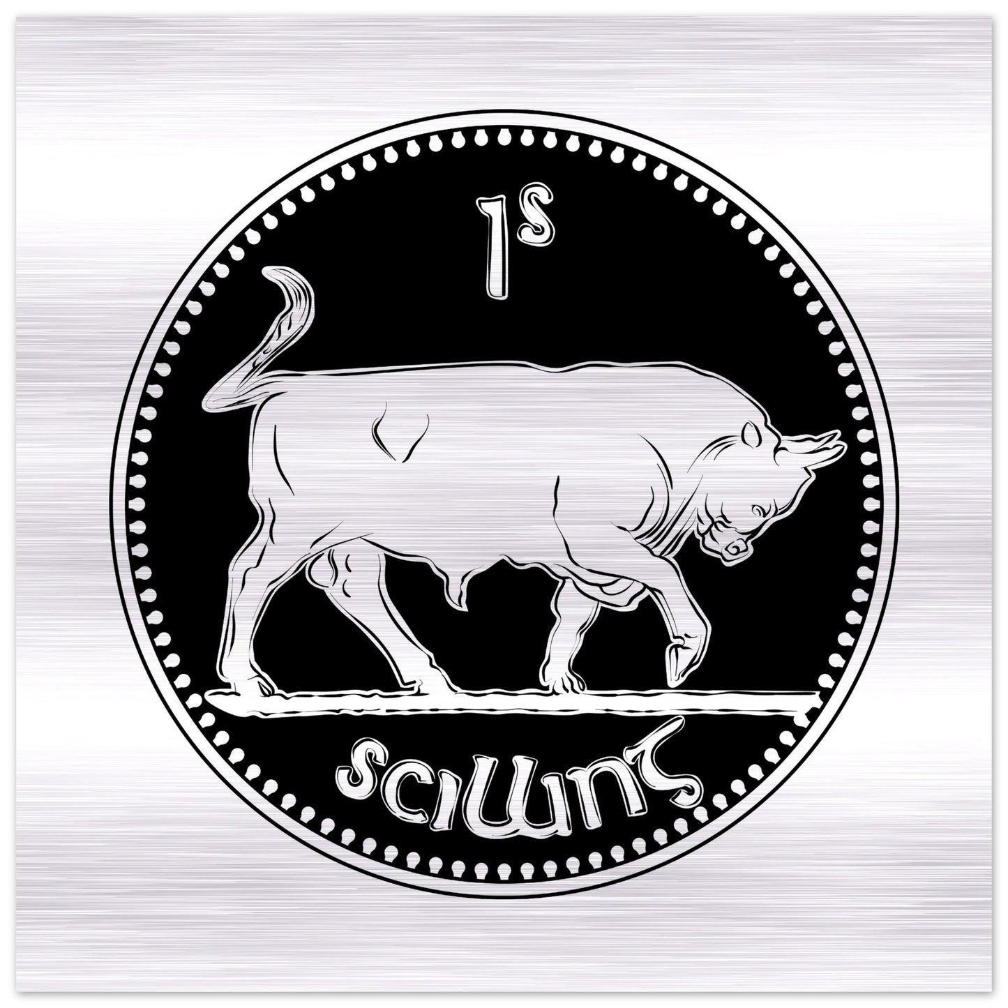 Old Irish Money Shilling Coin Bull Brushed Aluminum Print