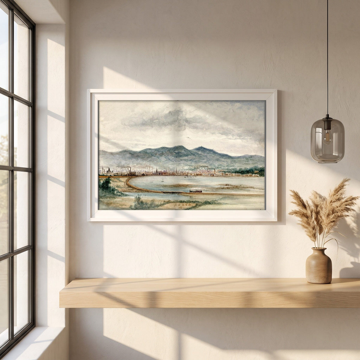 Belfast from Bunker's Hill by John O'Connor framed print in a white frame on a plaster wall above an oak worktop in a bright Scandinavian kitchen