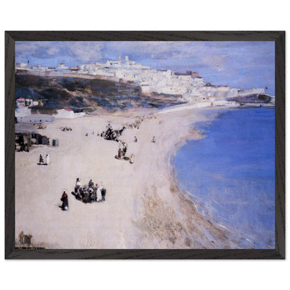 Black-framed Sir John Lavery Tangier beach painting, front view