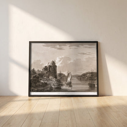 Blackrock Castle 1796 by Thomas Sautelle Roberts Art Print framed print in a black frame leaning against a white plaster wall on oak floorboards in morning light