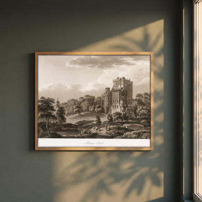 Blarney Castle 1796 by Thomas Sautelle Roberts Art Print framed print in a natural oak frame on a dark green wall beside a window, dappled plant shadow