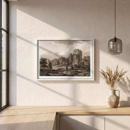 Blarney Castle 1796 by Thomas Sautelle Roberts Art Print framed print in a white frame on a plaster wall above an oak worktop in a bright Scandinavian kitchen