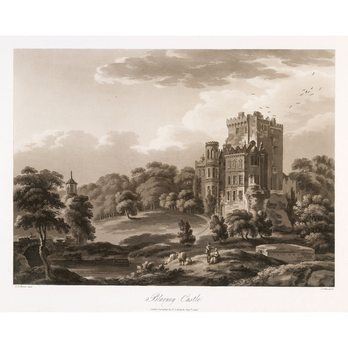Blarney Castle with its Gothic mansion, 1796 aquatint by Thomas Sautelle Roberts, engraved by Samuel Alken