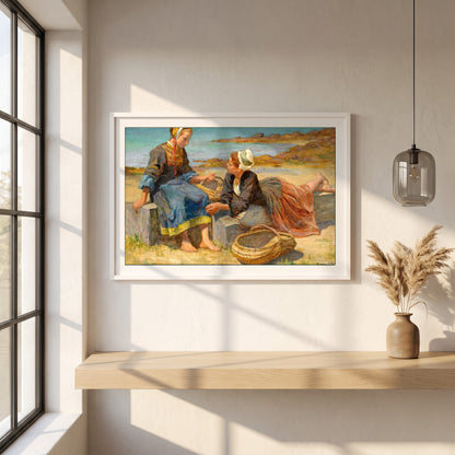 Breton Girls On a Beach By Irish Artist Aloysius O'Kelly framed print in a white frame on a plaster wall above an oak worktop in a bright Scandinavian kitchen