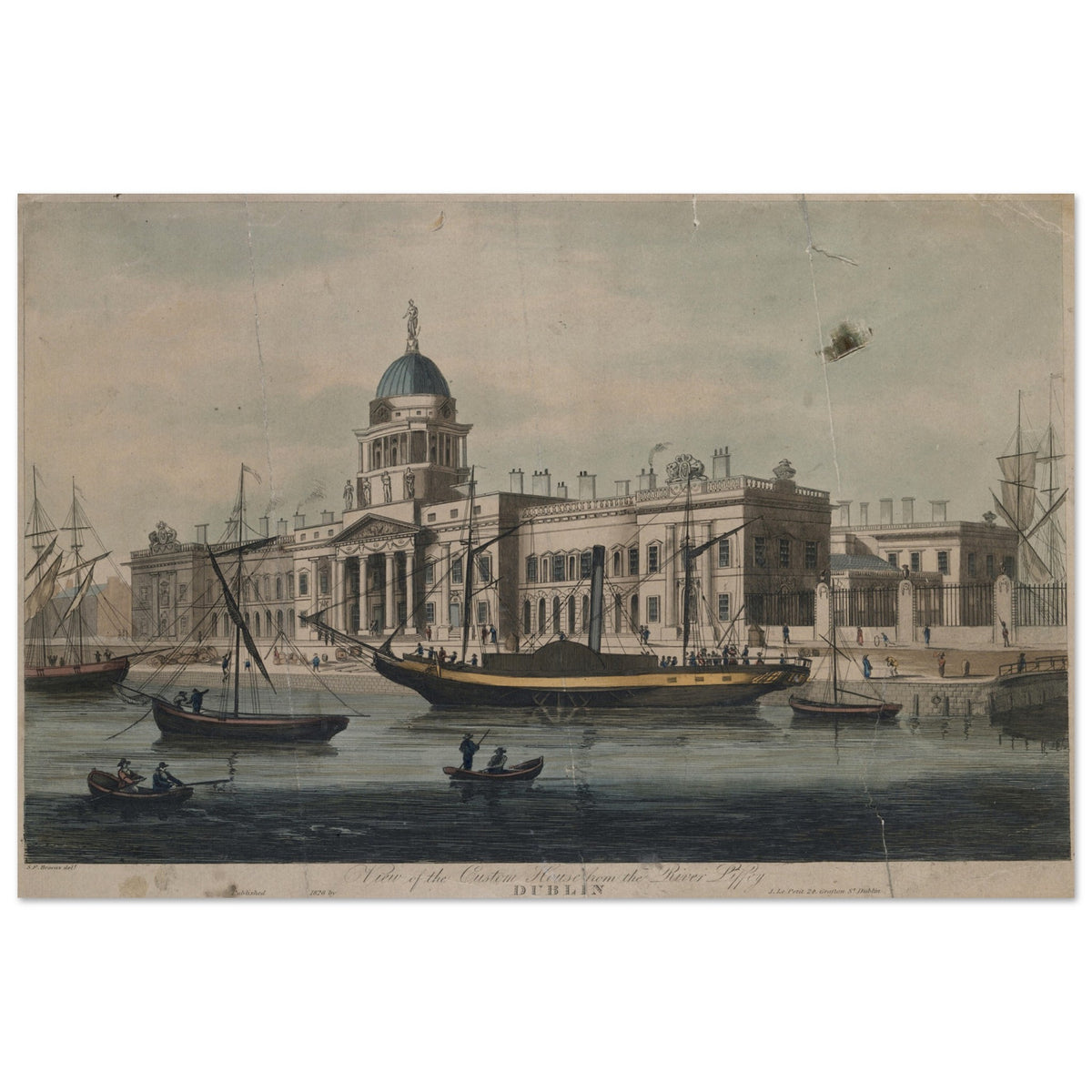Brocas view of the Custom House, Dublin, Georgian architecture print showing the full image