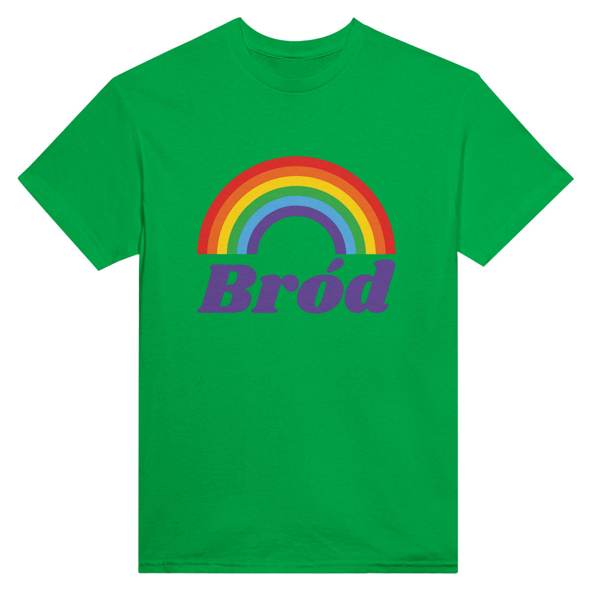 Bród, Irish for pride, in purple lettering under a rainbow printed on a green t-shirt