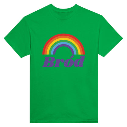 Bród, Irish for pride, in purple lettering under a rainbow printed on a green t-shirt