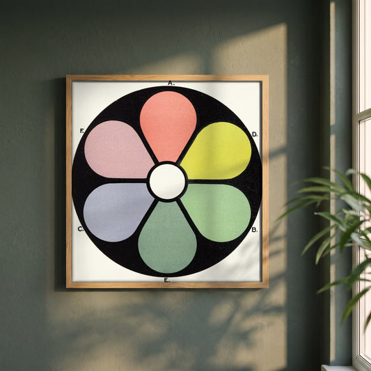 Broken Tones of the Primaries by James Ward framed print in a natural oak frame on a dark green wall beside a window, dappled plant shadow