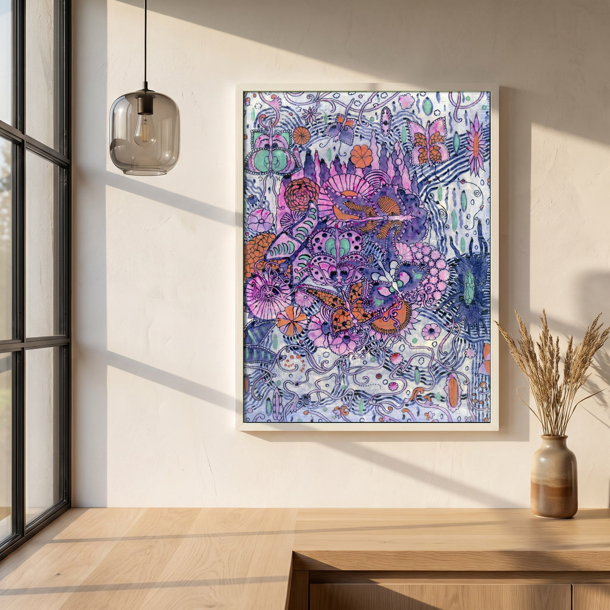 Harry Clarke Butterfly Print | Sefton Fabrics Belfast 1918 framed print in a white frame on a plaster wall above an oak worktop in a bright Scandinavian kitchen