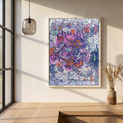 Harry Clarke Butterfly Print | Sefton Fabrics Belfast 1918 framed print in a white frame on a plaster wall above an oak worktop in a bright Scandinavian kitchen