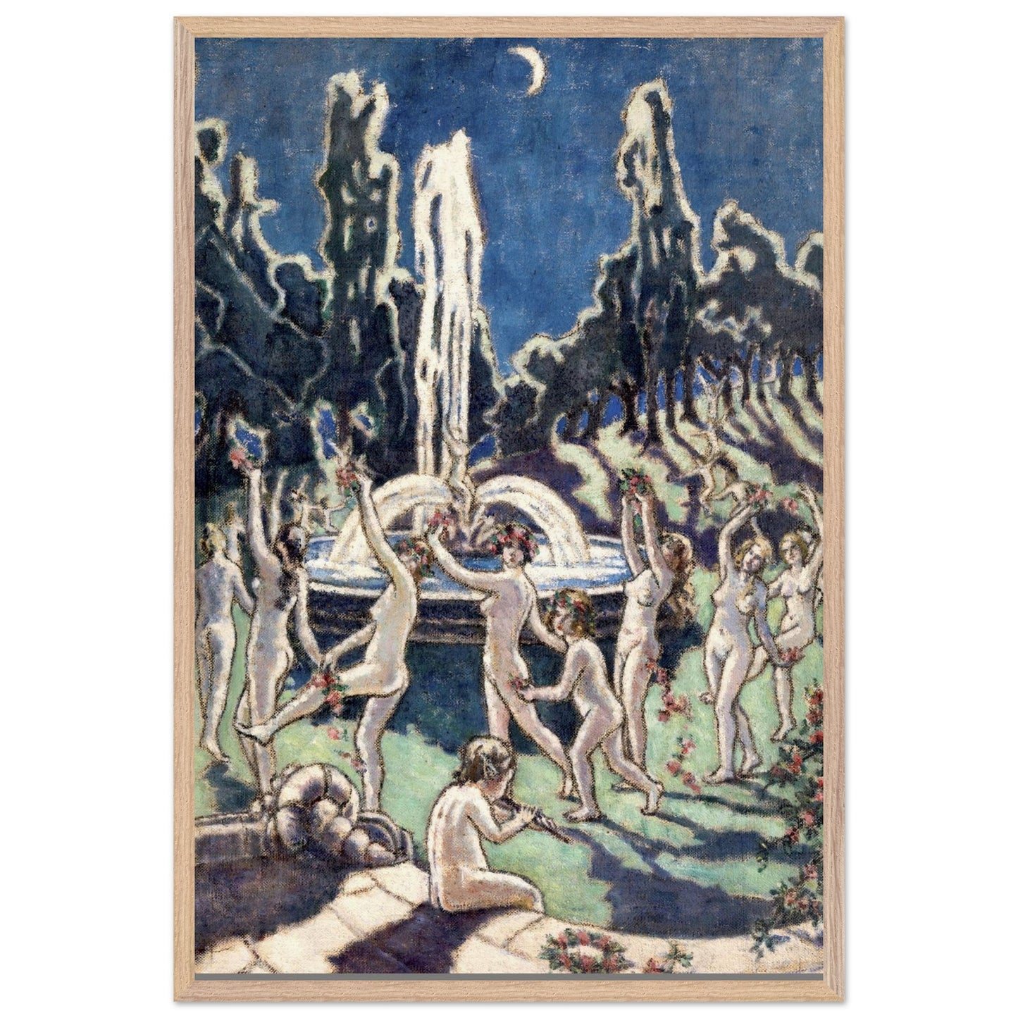 Figures Dancing Round a Fountain by Mainie Jellett - print in a natural wood frame