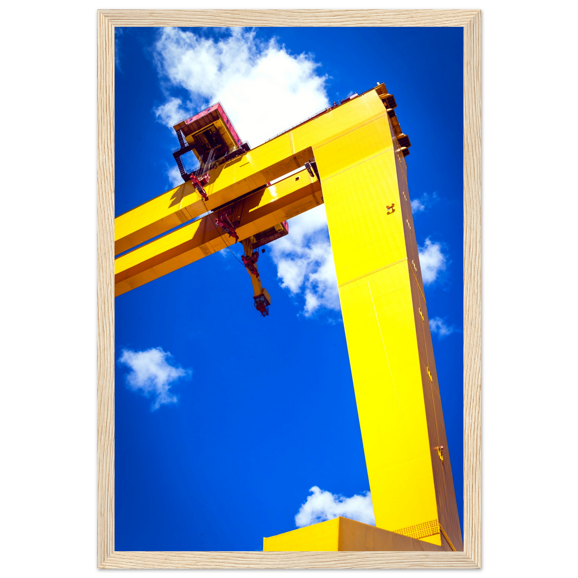 Art print featuring iconic Harland & Wolff cranes in Titanic Quarter, Belfast. Celebrate maritime history with this stunning decor piece.