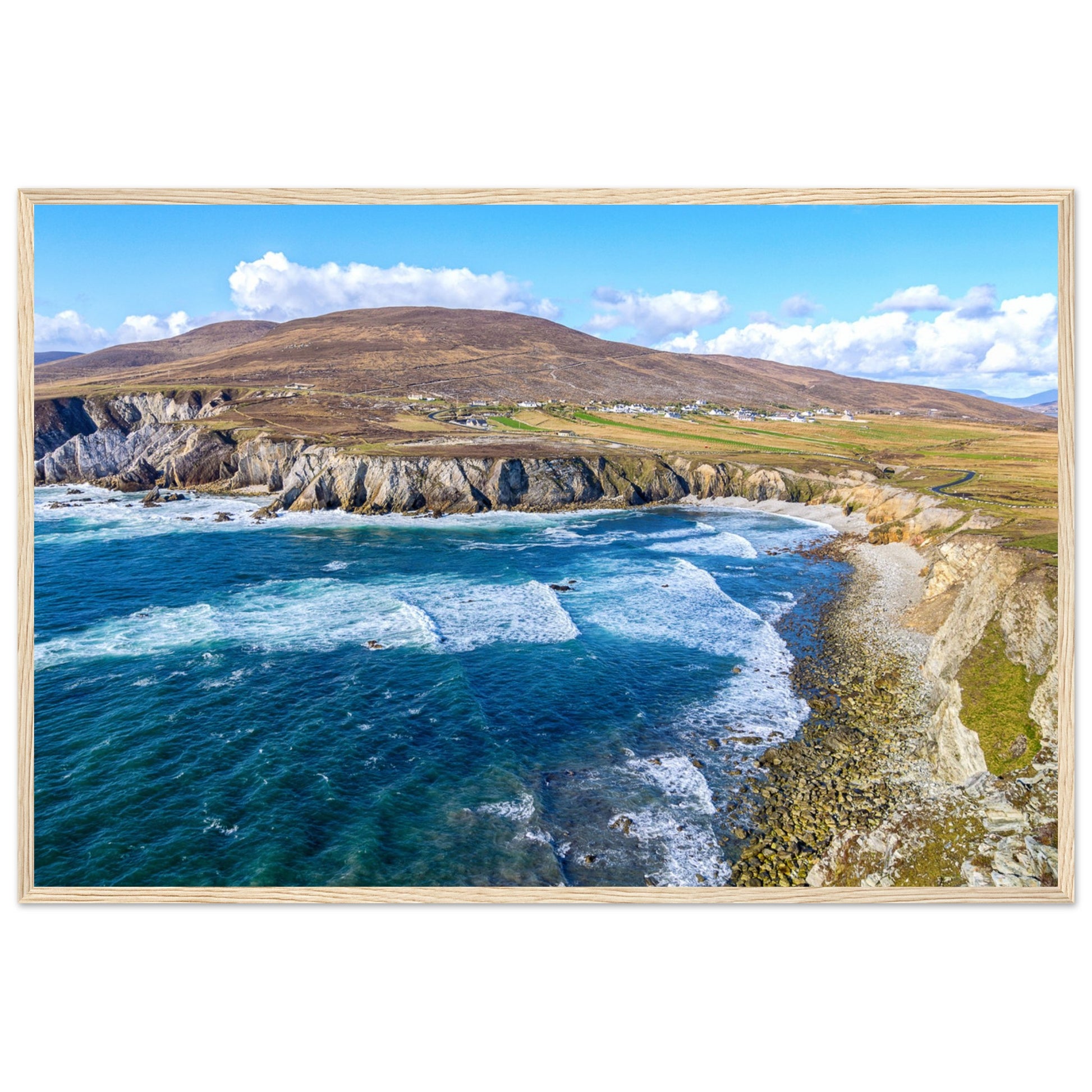 Framed print of Achill Island and the Wild Atlantic Way, showcasing rugged cliffs, the vast Atlantic Ocean, and rich, intricate colors. Perfect for adding the untamed beauty and unique charm of the Irish west coast to any space. Ideal for art lovers and coastal enthusiasts.