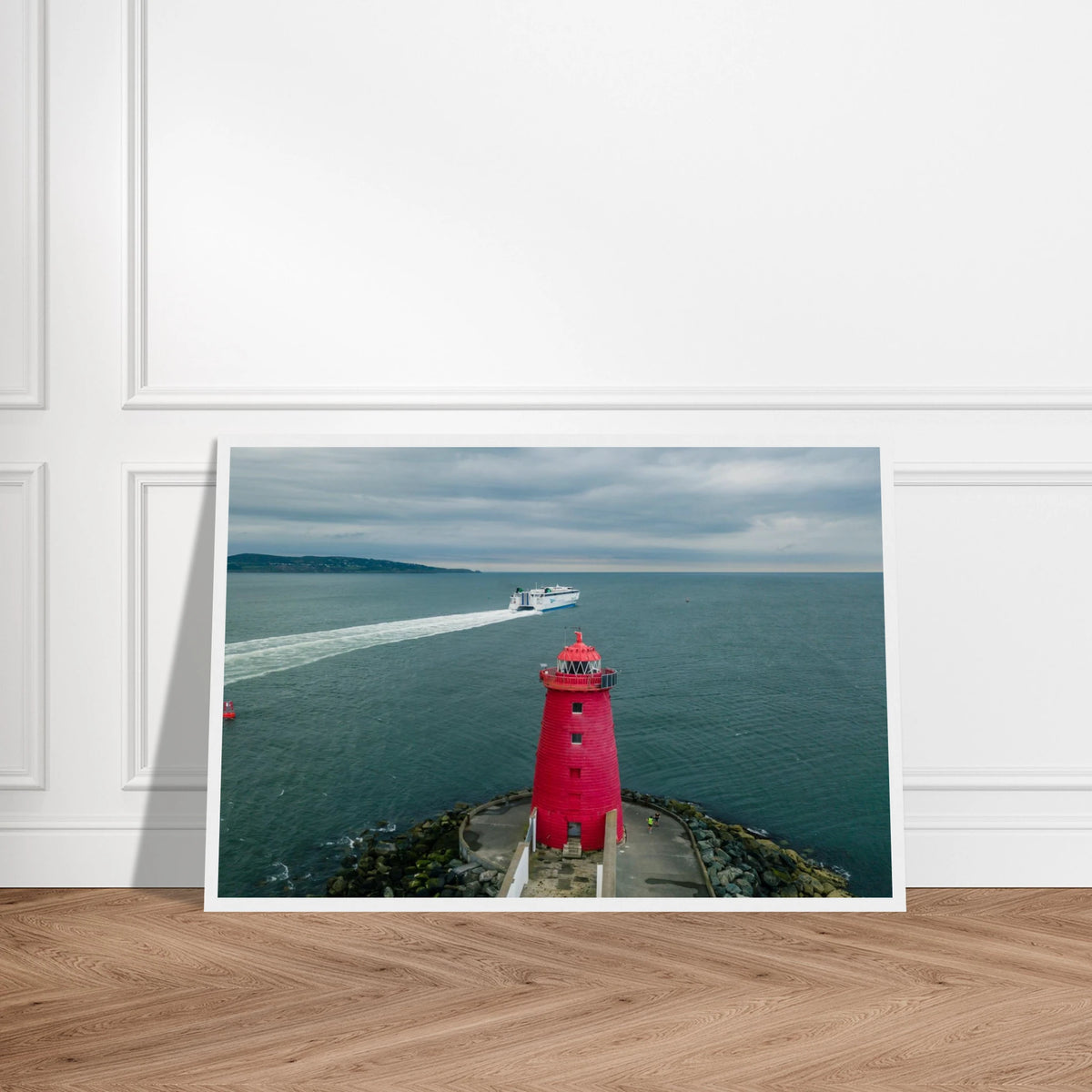 Red Poolbeg Lighthouse on the Great South Wall with a ferry wake in Dublin Bay, white framed photo print