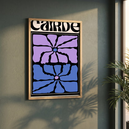 Cairde framed print in a natural oak frame on a dark green wall beside a window, dappled plant shadow