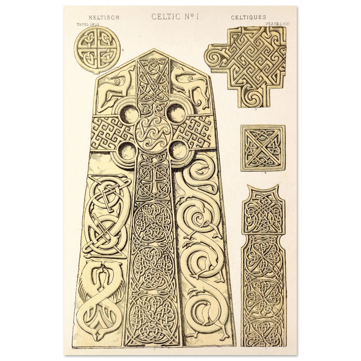 Celtic No.1 ornament print by Owen Jones, Celtic cross and knotwork details in cream and gold tones
