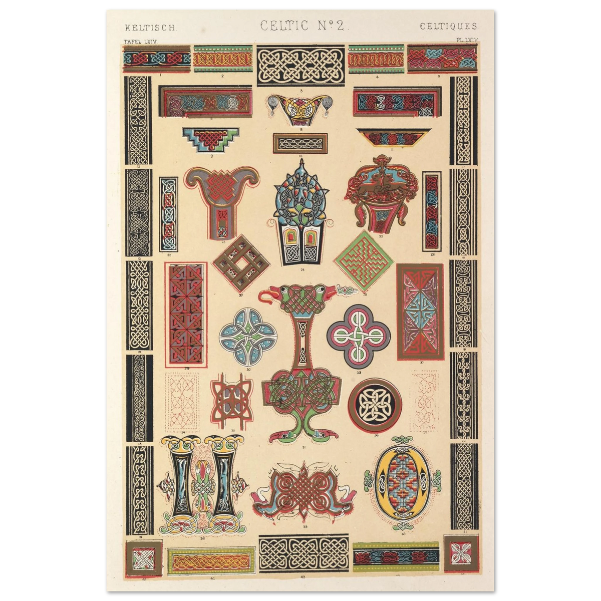 Celtic No.2 from Owen Jones Grammar of Ornament style plate, red, blue and gold Celtic designs