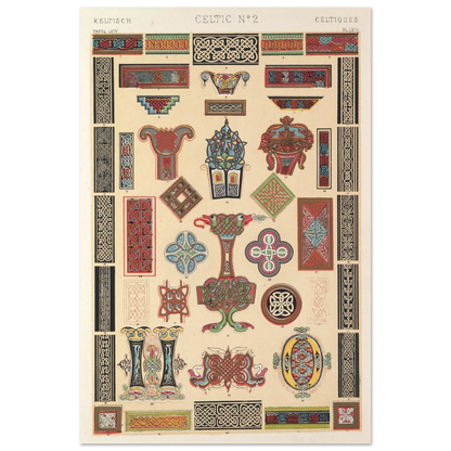 Celtic No.2 from Owen Jones Grammar of Ornament style plate, red, blue and gold Celtic designs