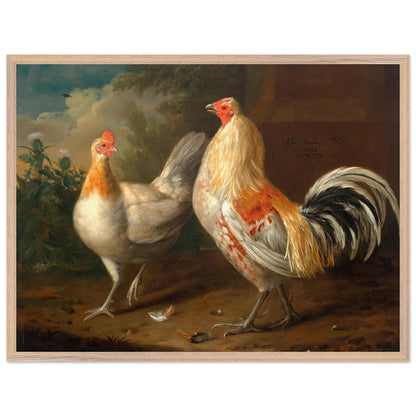 Charles Collins A Sporting Cockerel and Hen print in a light oak frame, straight-on