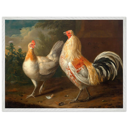 Charles Collins A Sporting Cockerel and Hen print in a whitewashed frame, straight-on
