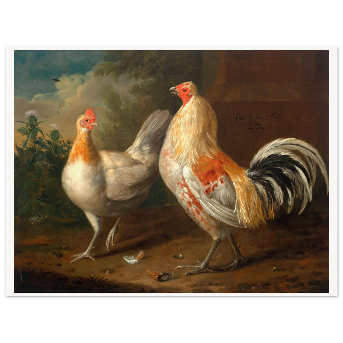 Charles Collins cockerel and hen painting, flat unframed print
