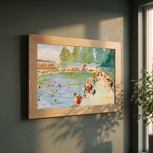 Chiswick Baths framed print in a natural oak frame on a dark green wall beside a window, dappled plant shadow