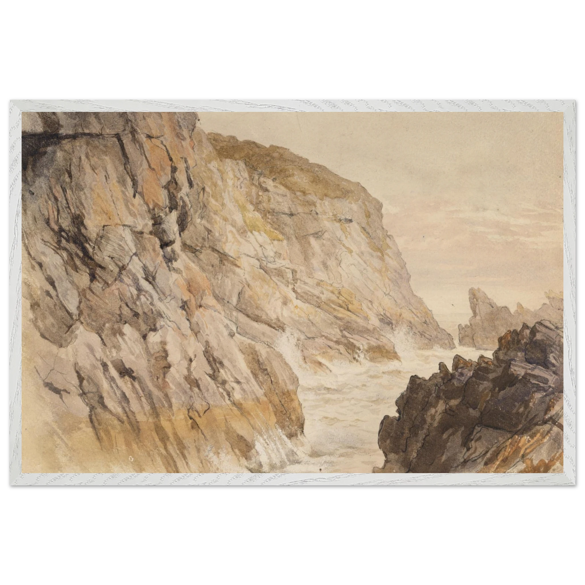 Cliffs at Howth by Frederic William Burton in a slim white frame
