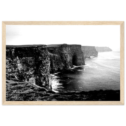 Cliffs of Moher black and white photographic print in a light oak frame