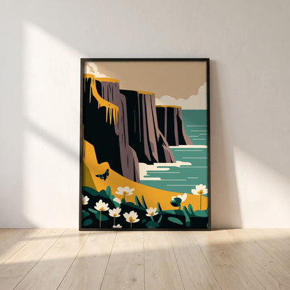 Cliffs of Moher, County Clare framed print in a black frame leaning against a white plaster wall on oak floorboards in morning light