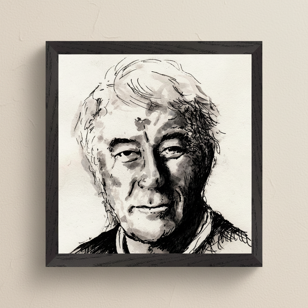 Seamus Heaney portrait print in a black frame hanging on a warm beige wall, The Squat Pen