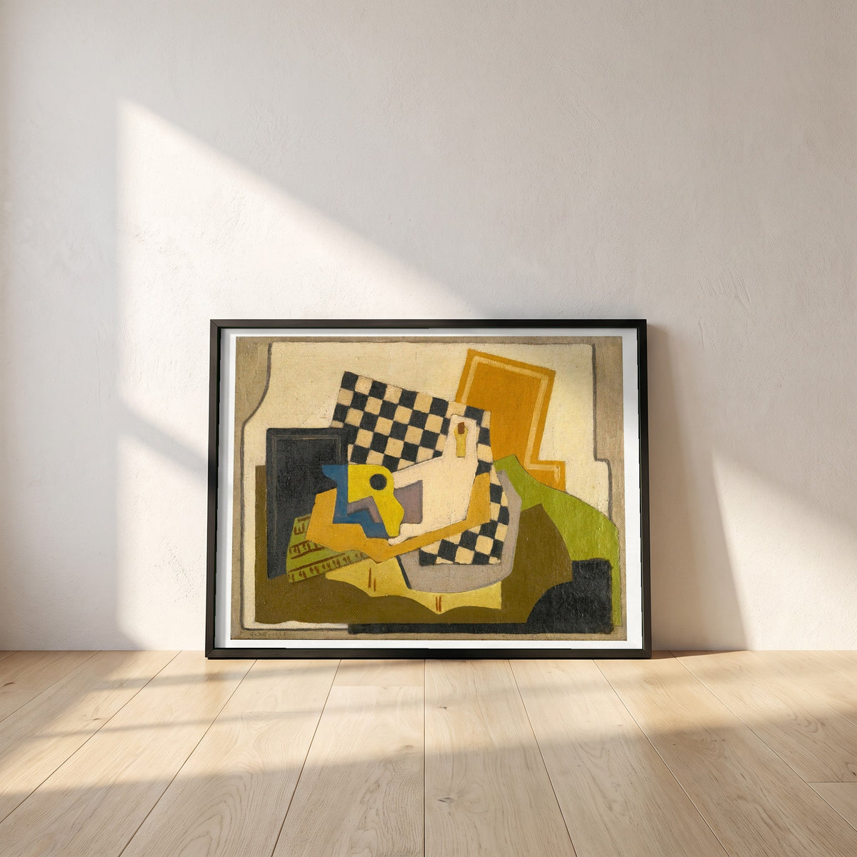 Composition 1925 framed print in a black frame leaning against a white plaster wall on oak floorboards in morning light