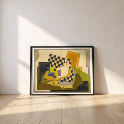 Composition 1925 framed print in a black frame leaning against a white plaster wall on oak floorboards in morning light