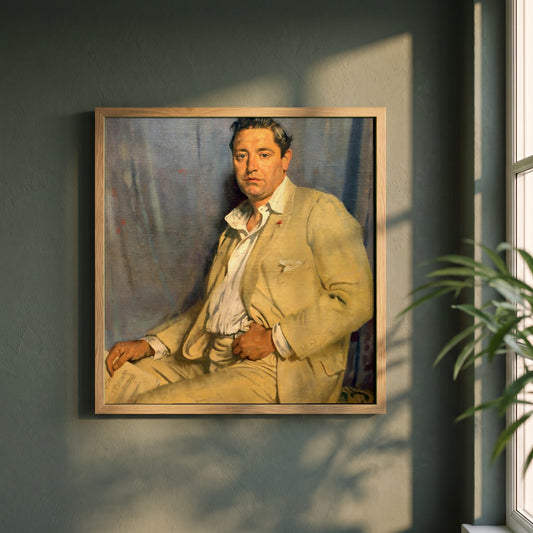 Count John McCormack framed print in a natural oak frame on a dark green wall beside a window, dappled plant shadow