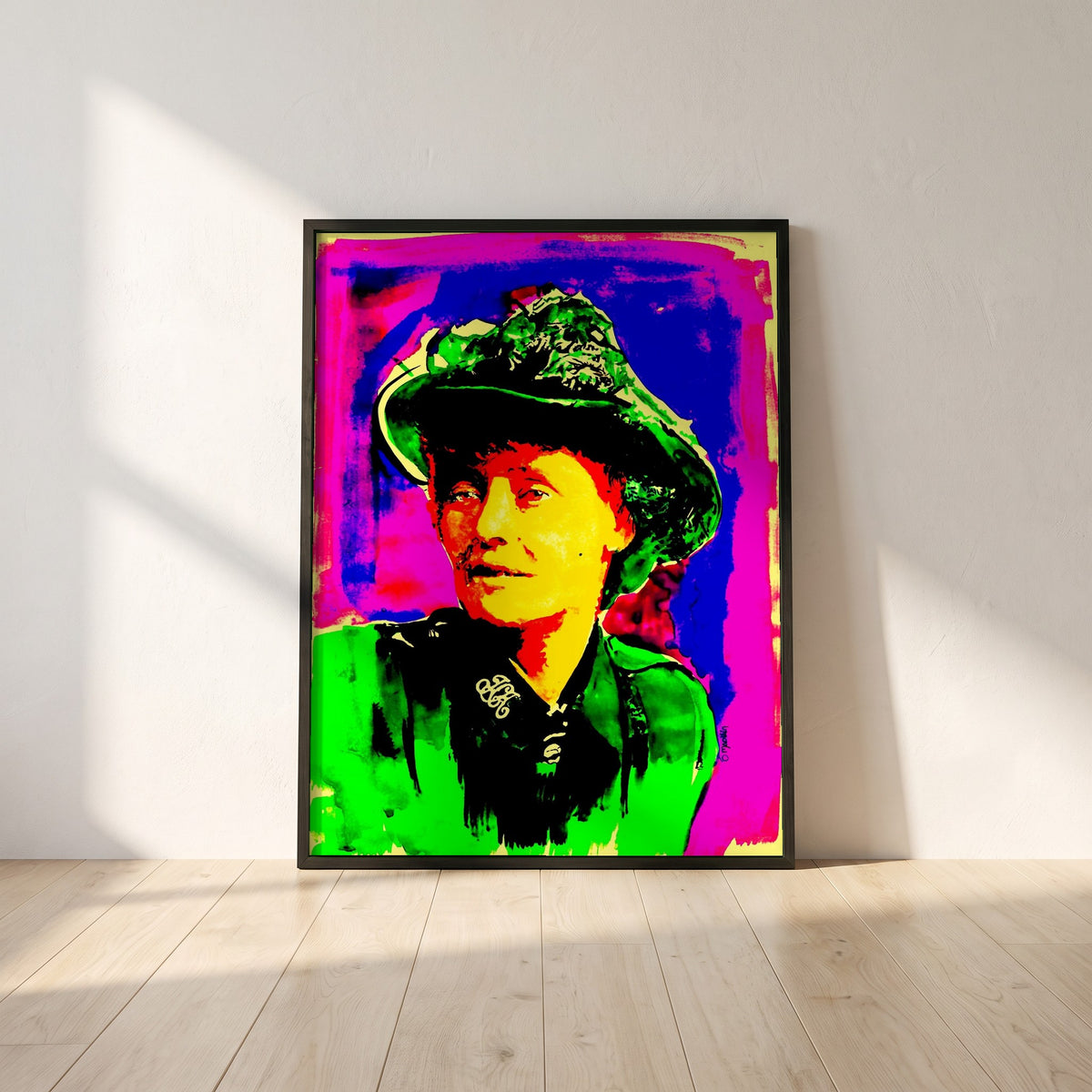 Countess Markievicz framed print in a black frame leaning against a white plaster wall on oak floorboards in morning light