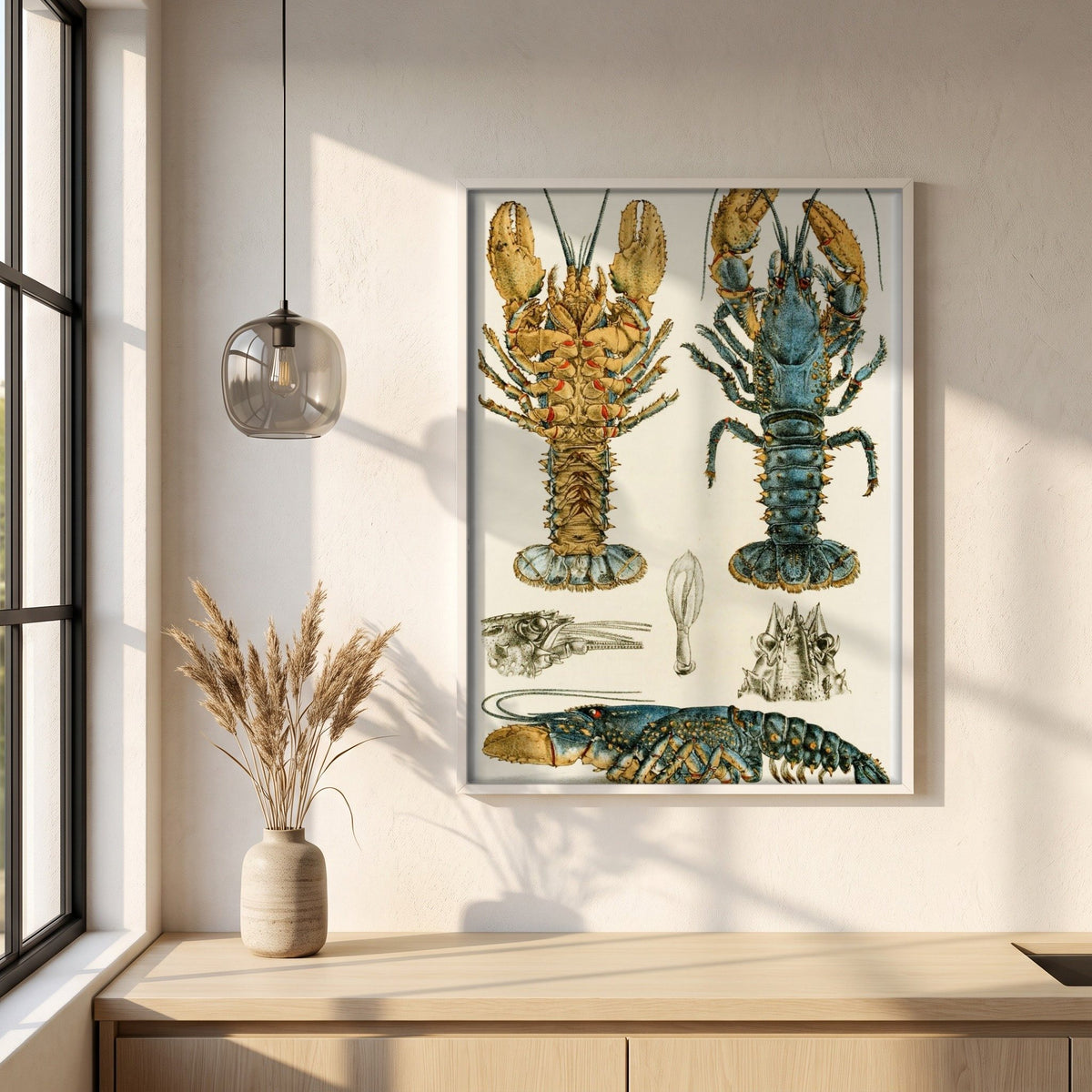 Crustacea II by Frederick McCoy framed print in a white frame on a plaster wall above an oak worktop in a bright Scandinavian kitchen