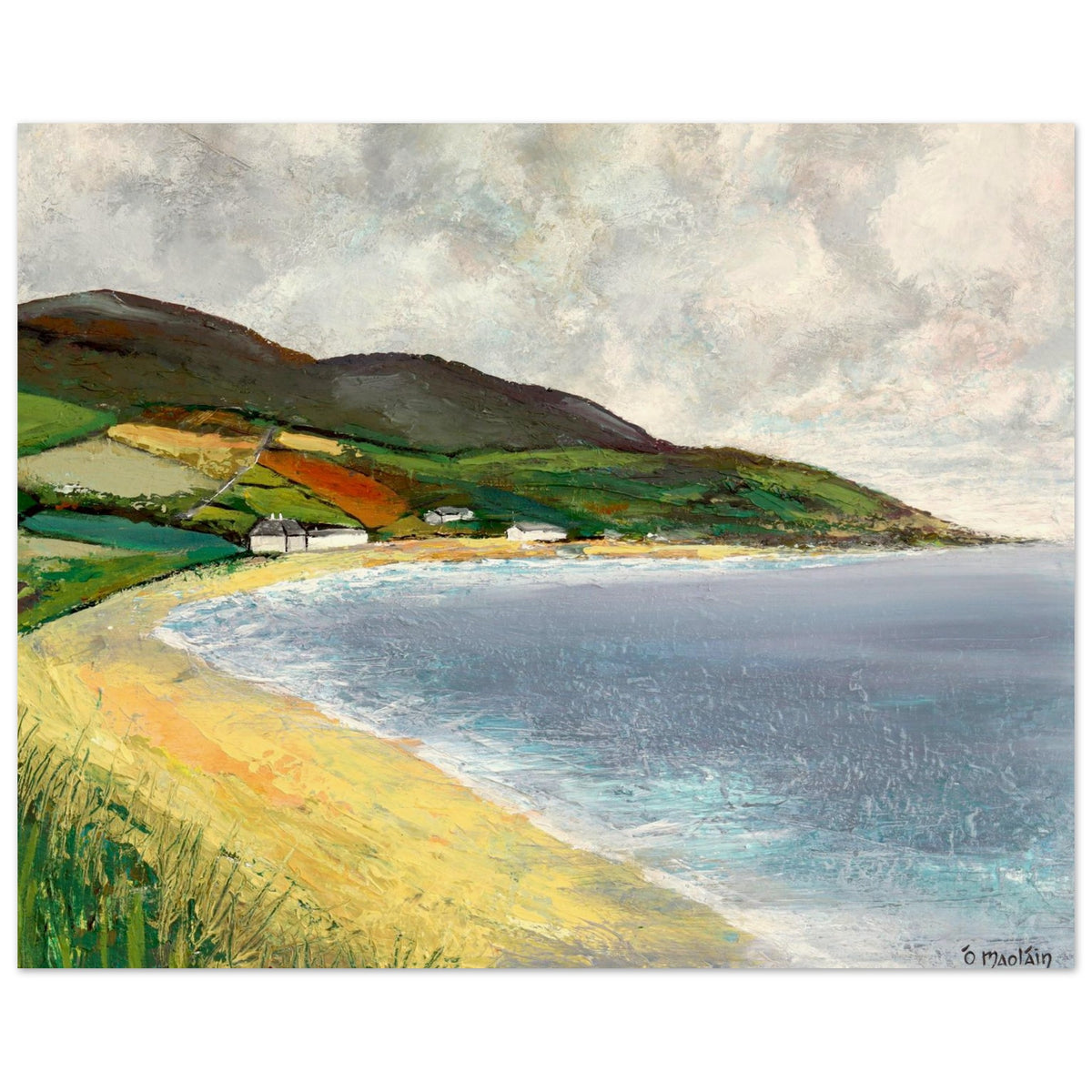 Cushendun Beach, County Antrim, painting of the curved sandy bay, sea and patchwork fields