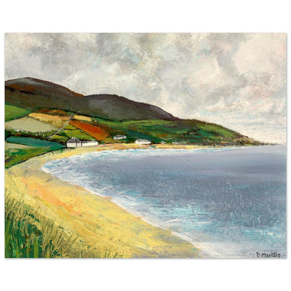 Cushendun Beach, County Antrim, painting of the curved sandy bay, sea and patchwork fields