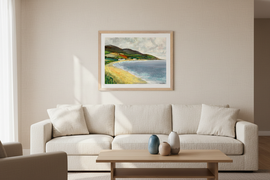 Cushendun Beach Ó Maoláin Irish coastal art print styled in modern interior