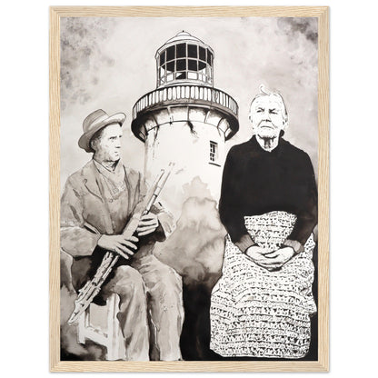 Róise Rua & Uilleann piper Aranmore Lighthouse Island Framed Wall Art Print by Irish Artist – detail view | Buy Irish Art