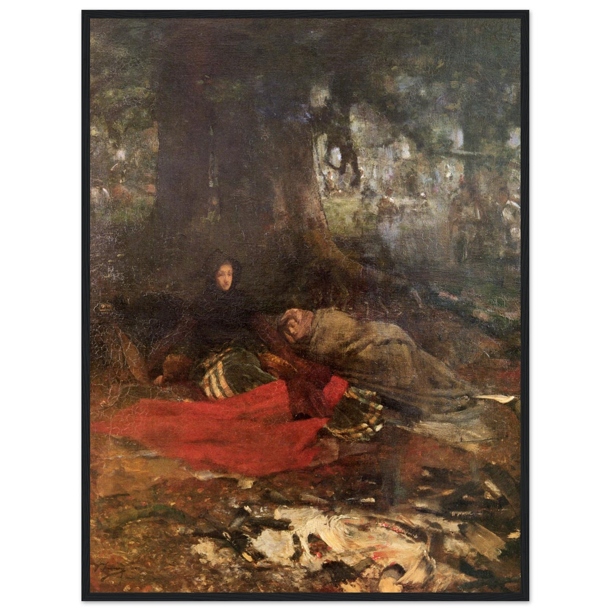 Dawn after the Battle of Langside by John Lavery print in a dark black frame, misty woodland at dawn